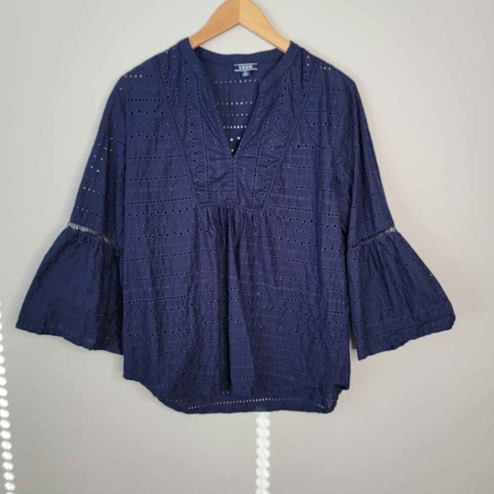 Eyelet Navy Bell Sleeve 100% Cotton Top Boho Cottagecore Feminine Spring M Izod